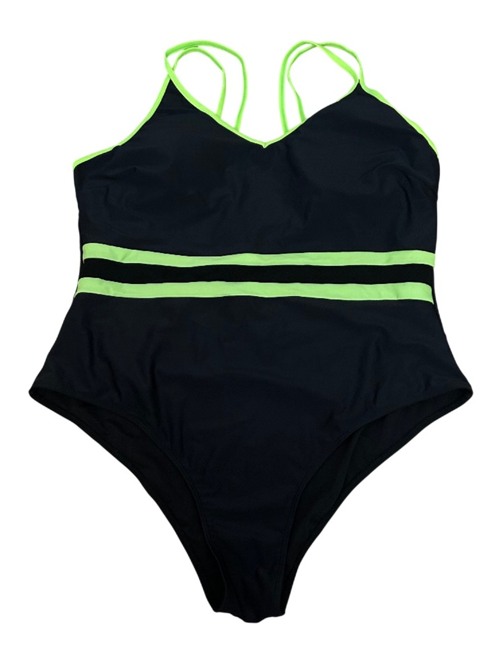 Black One-Piece Swimsuit with Neon Green Trim and Stripes